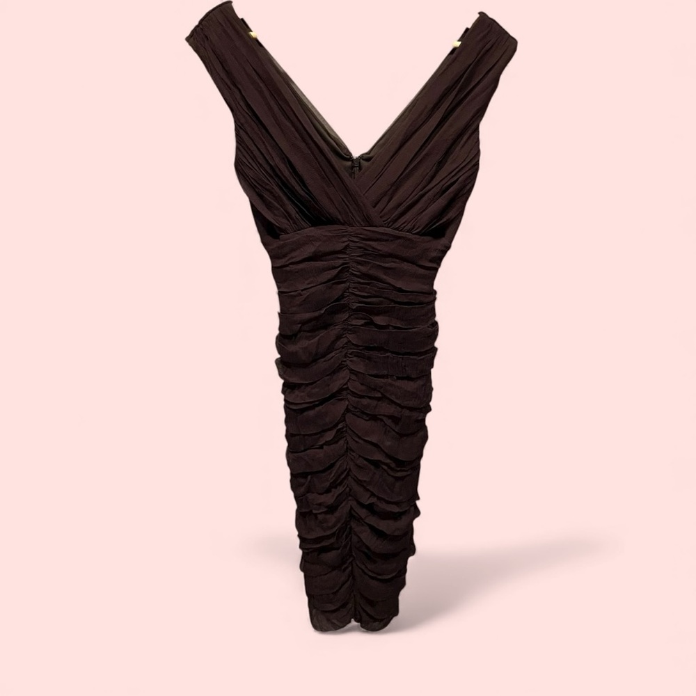 Stunnnig Y2K Tadashi Collection silk ruched chocolate brown deep v bodycon dress